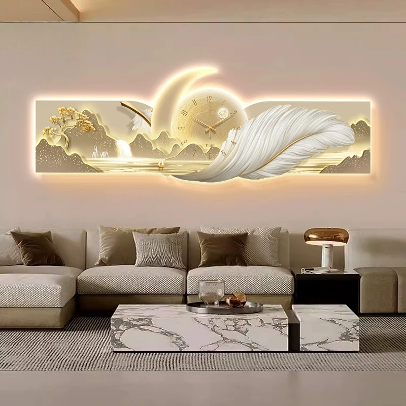 2025新款高级感羽毛山水沙发背景墙壁画现代轻奢客厅装饰画带钟表
