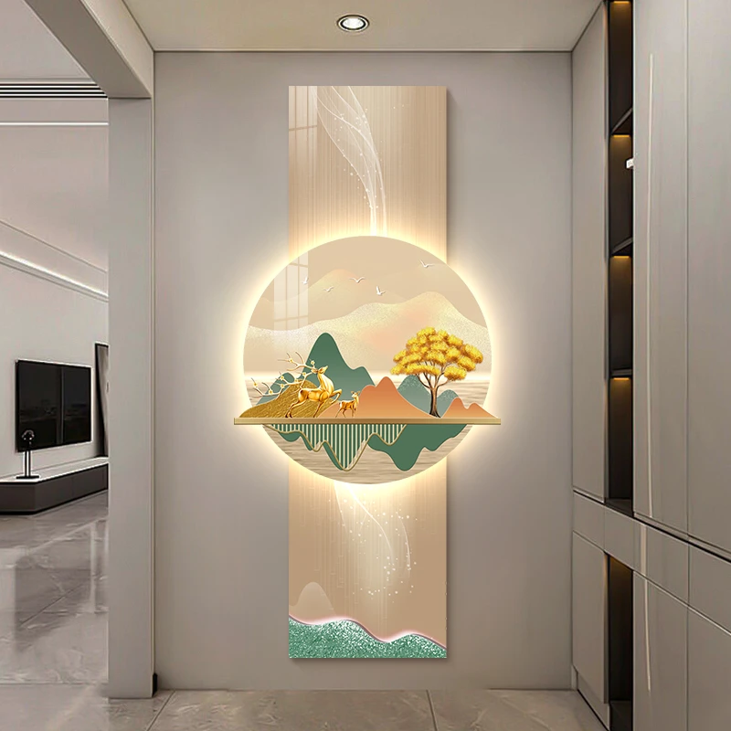 轻奢入户玄关装饰画高级感创意竖版挂画走廊过道LED发光灯画