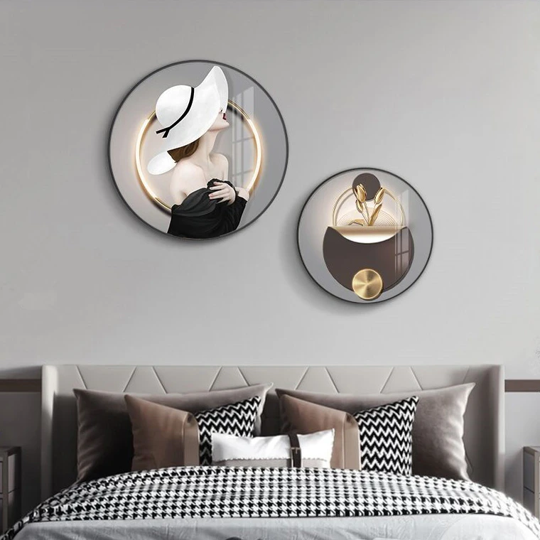 新款卧室装饰画时尚现代简约圆形主卧镶钻床头挂画房间餐厅壁画