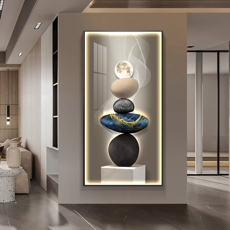 轻奢入户玄关装饰画石来运转正对门竖版挂画进门走廊过道装饰壁画