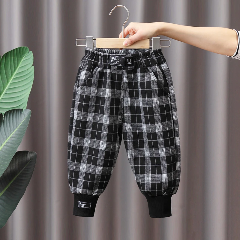 秋冬洋气童黑白格子裤子儿童裤中小童裤外穿宝宝绒裤子加厚加绒