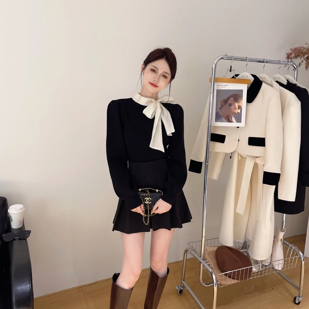 秋季新款2023年法式蝴蝶结针织衫女韩系别致内搭打底衫上衣温柔风