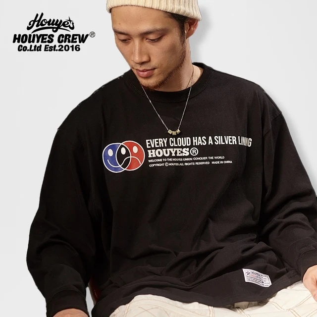 HOUYES 笑脸廓形长袖T恤 字母简约秋冬季圆领潮流上衣服帅气宽松