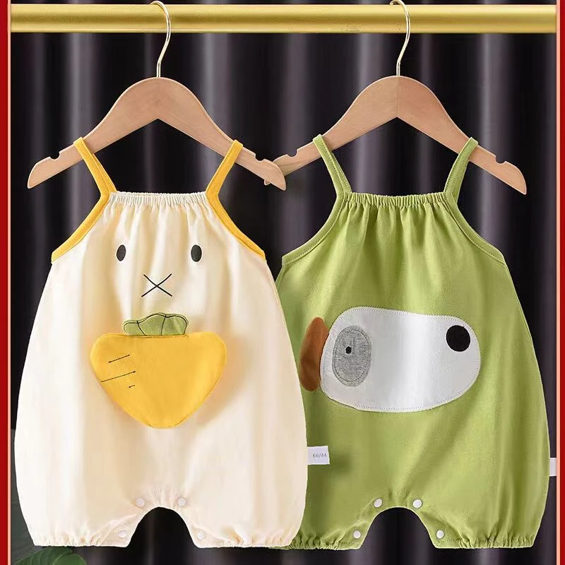 夏季婴儿吊带连体衣男女宝宝多巴胺穿搭纯棉外出服超萌网红爬爬服