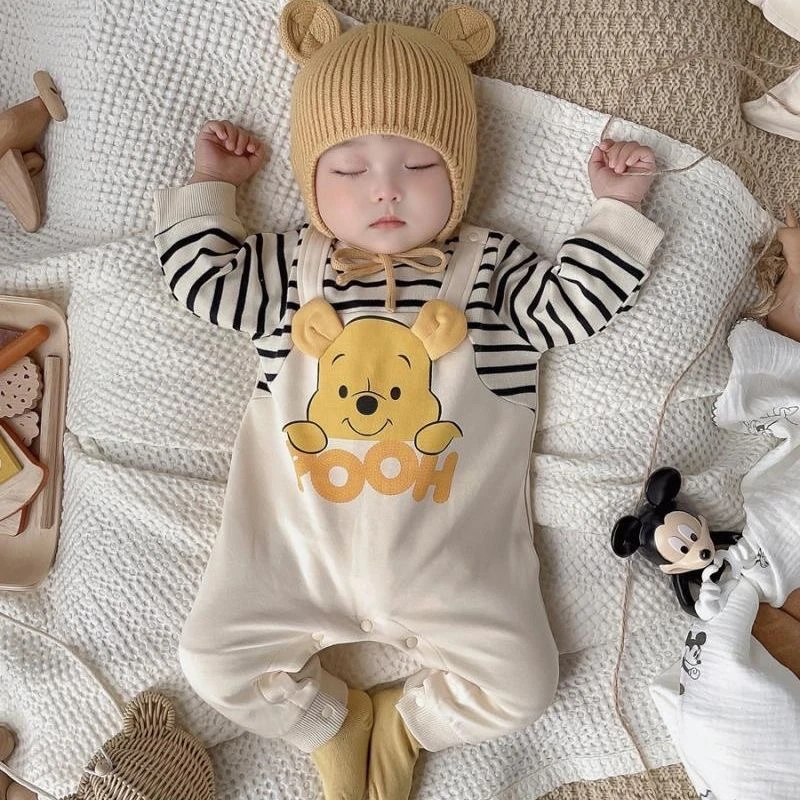 婴儿秋装哈衣卡通小熊爬服新生婴儿连体衣春秋宝宝条纹长袖外出服
