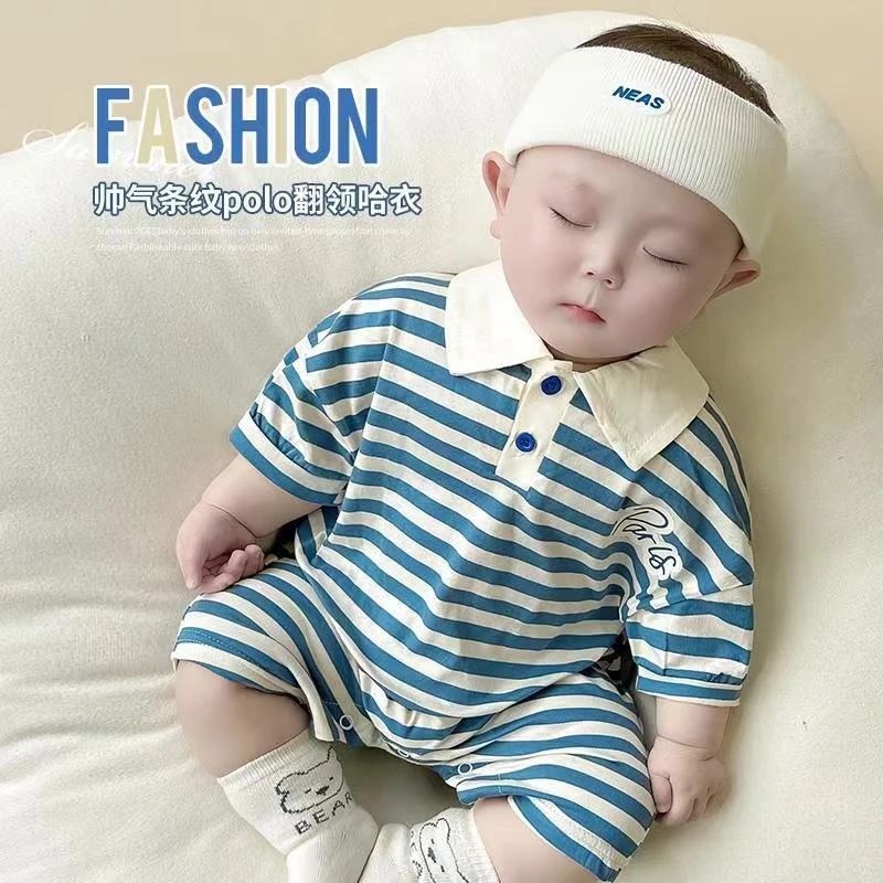 婴儿连体衣夏装男宝宝条纹短袖爬服哈衣薄款满月周岁幼儿夏季衣服