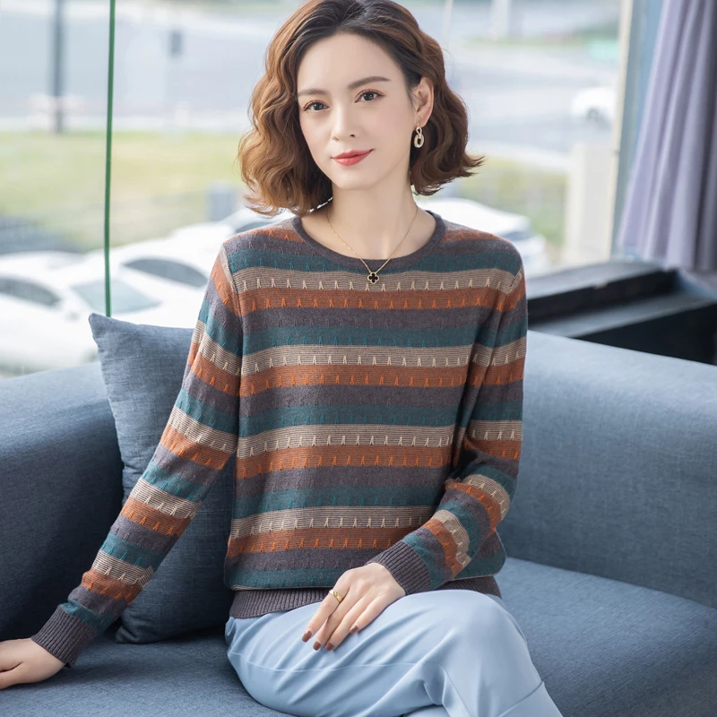 秋季新款女士条纹针织衫女套头气质百搭减龄圆领外穿打底衫显瘦