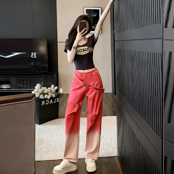 时尚休闲破洞渐变破洞牛仔裤女2025夏季直筒高腰显瘦阔腿两件套潮
