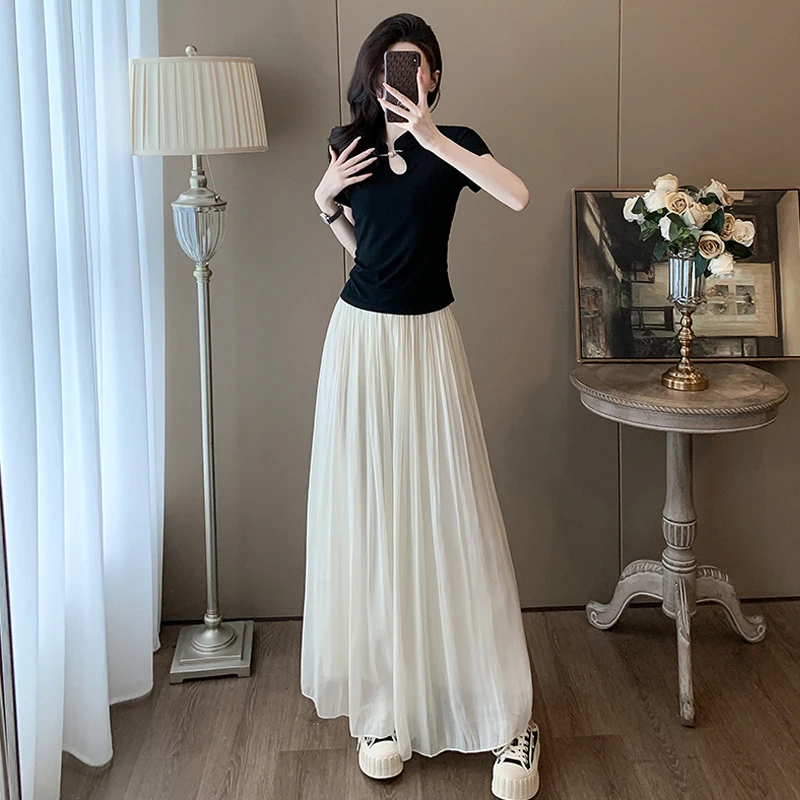 新中式时尚套装女夏季洋气减龄盘扣上衣高腰冰丝裙裤阔腿裤两件套