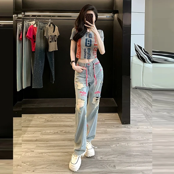 美式复古时尚套装女夏季2025年新款修身长袖潮牌牛仔裤两件套