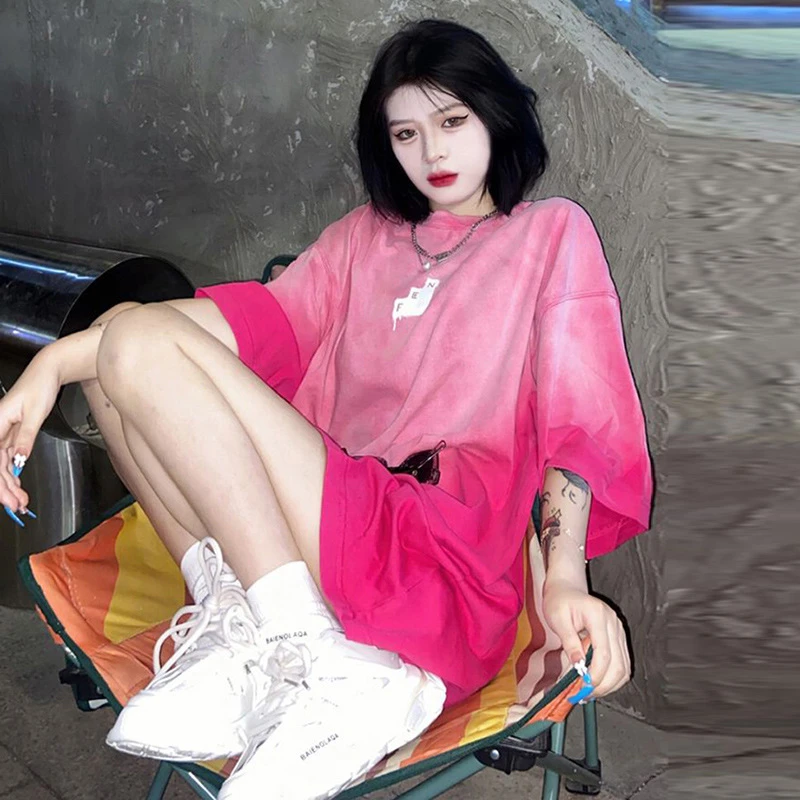 韩版字母印花渐变色T恤短袖女夏季BF风宽松中长款半袖扎染上衣ins