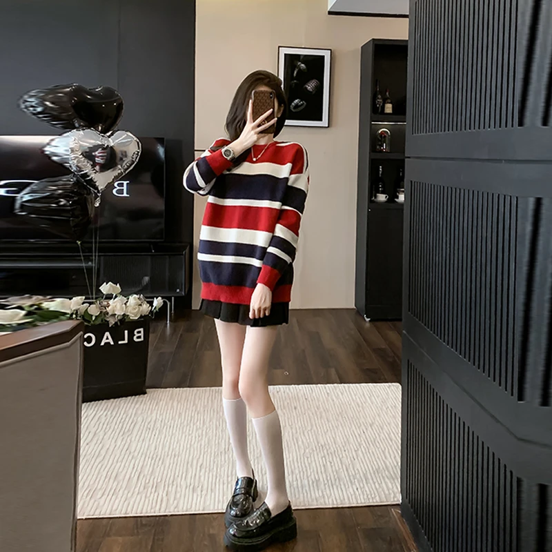 慵懒风拼色条纹针织衫女2023秋冬新款宽松百搭中长款圆领套头毛衣