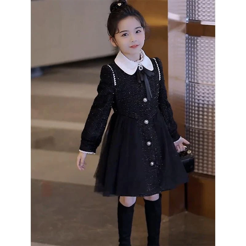 女童小香风连衣裙秋冬款大儿童装网纱公主裙加绒女孩春季黑色裙子