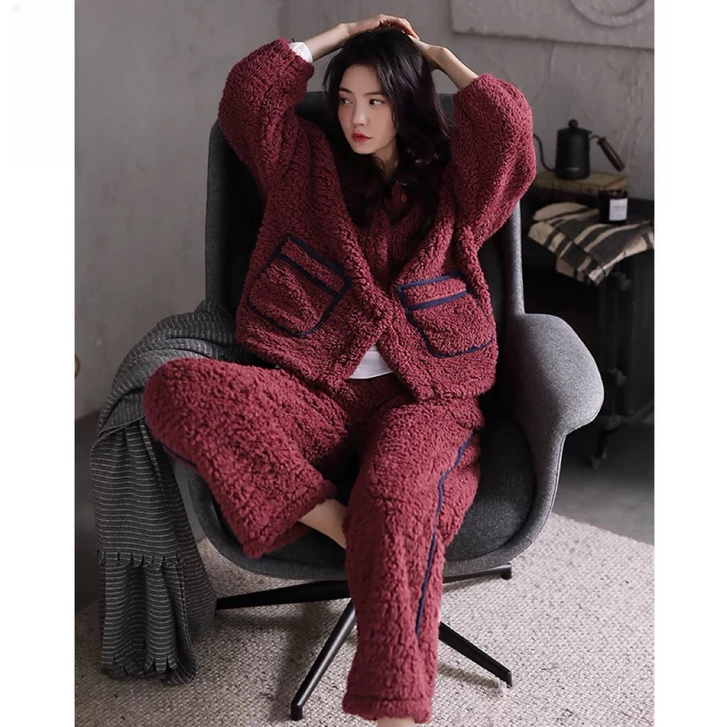 睡衣宽松女加厚保暖珊瑚绒羊羔绒新款纯色长袖秋冬开衫家居服套装
