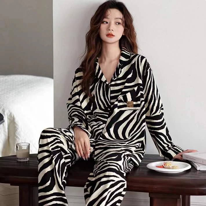 睡衣条纹女春秋款纯棉长袖斑马纹新款高级感家居服套装长款家居服