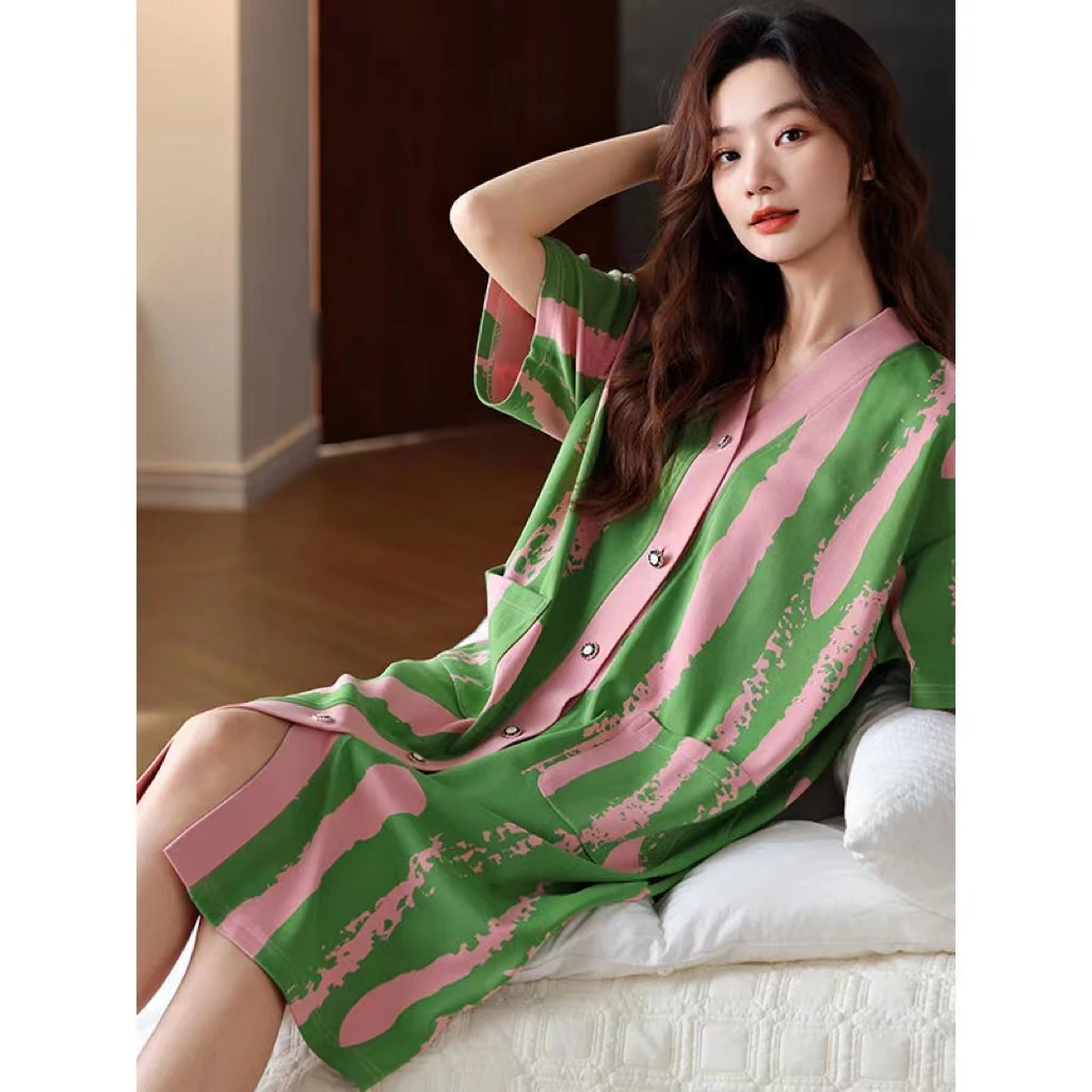 2024新款睡裙女夏季纯棉短袖夏天中长款可外穿条纹连衣裙薄款睡衣