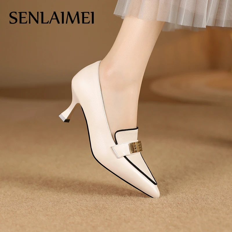 法式单鞋牛皮6cm/33-40/8291新款白色气质百搭尖头细跟高跟中口鞋