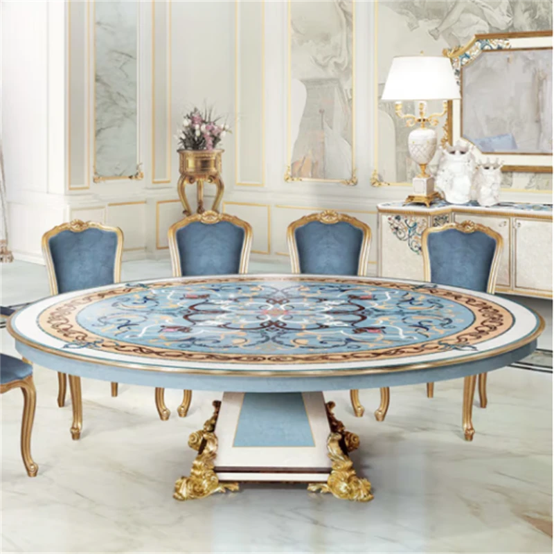 卡斯帕尼贝壳餐桌意式圆餐桌贝壳拼花欧式新古典金箔带转盘餐桌椅