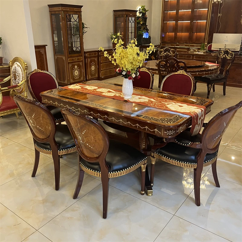 亚历山大家具欧式实木长方形餐桌法式古典英式镶嵌贝壳饭桌椅组合