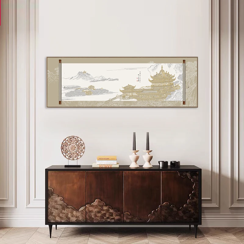 入户门玄关挂画藏金阁卷轴烫金画古风国画竖版新中式客厅装饰壁画