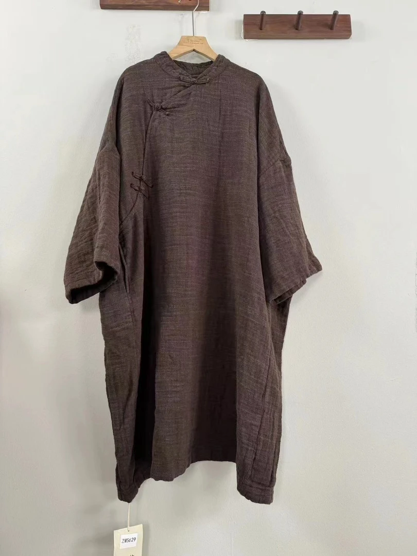 复古套头宽松亚麻盘扣袍子长102