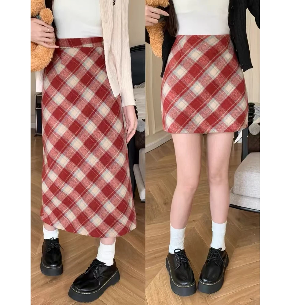 B187-格子半身裙女毛呢A字长裙包臀秋冬季新款格纹半裙子显瘦