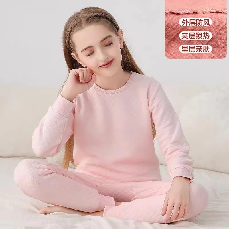 T031-女童三层保暖内衣套装纯棉儿童加厚春秋衣裤小女孩秋冬童装