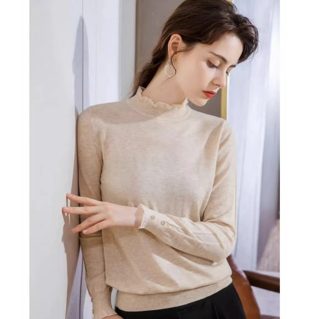 B130-木耳边圆领长袖针织衫女秋季新款宽松打底毛衣百搭上衣
