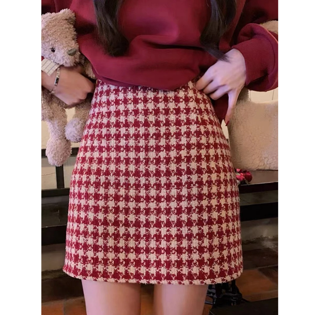 B215-新款经典千鸟格高腰百搭半身裙显瘦气质包臀裙短裙