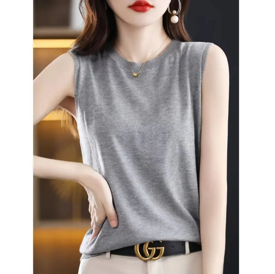 夏季精纺薄款羊 毛吊带背心圆领宽松套头无袖内搭外穿上衣打底