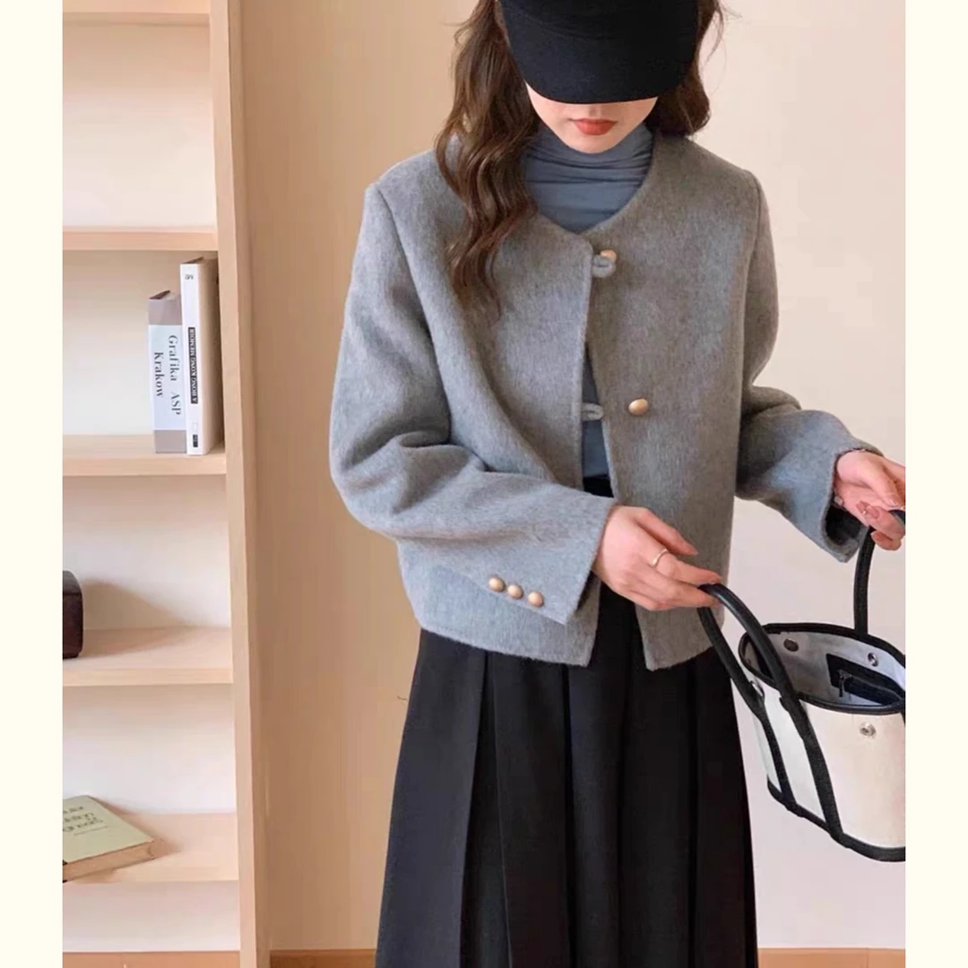 简漫羊新款简约双面羊毛大衣女小个子时尚气质百搭宽松短款外套女