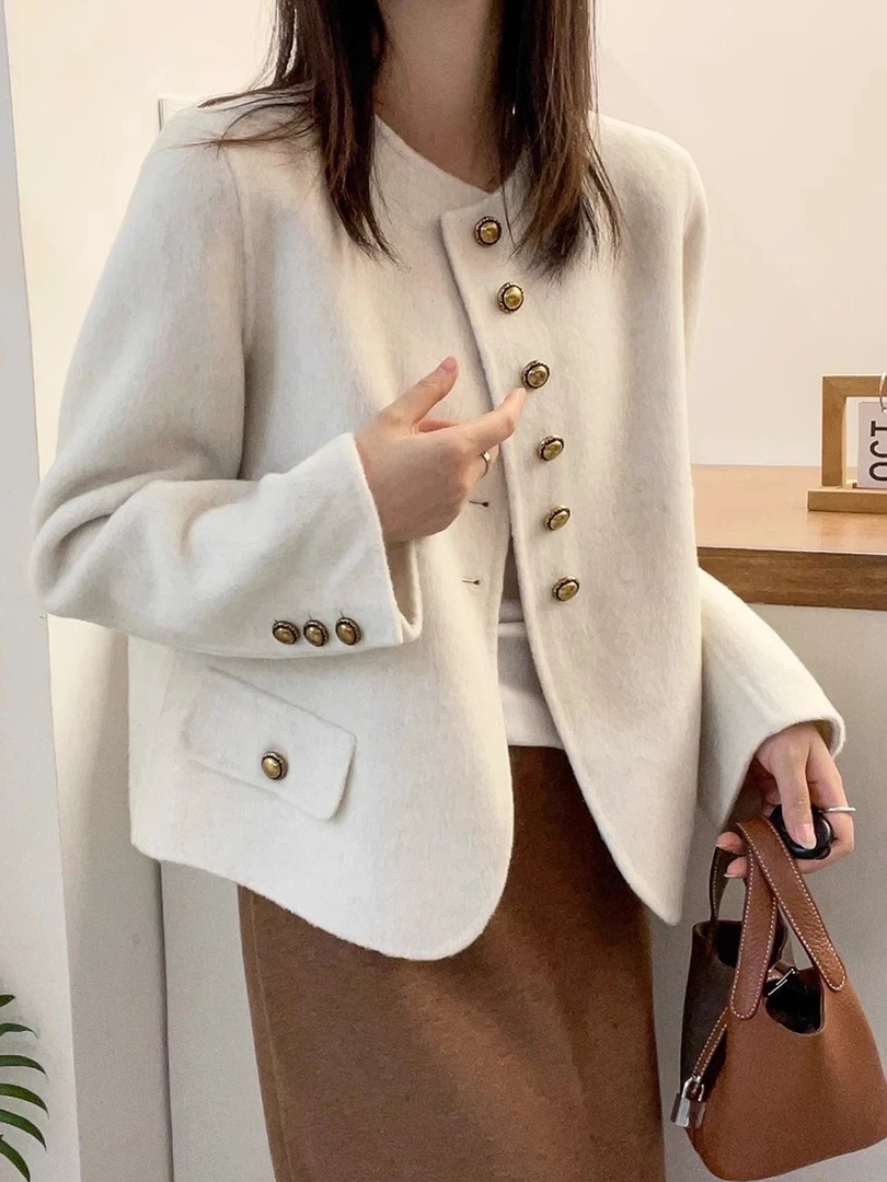 韩系小个子双面羊毛大衣女士春秋气质简约百搭显瘦小短款毛呢外套