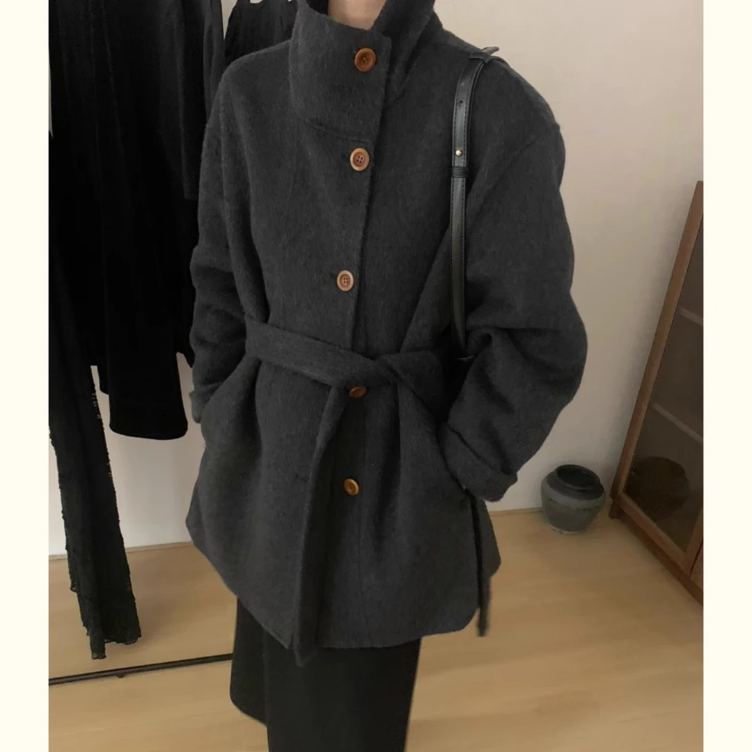秋冬新款炭黑色长毛立领系带双面羊毛大衣女韩系宽松显瘦毛呢外套