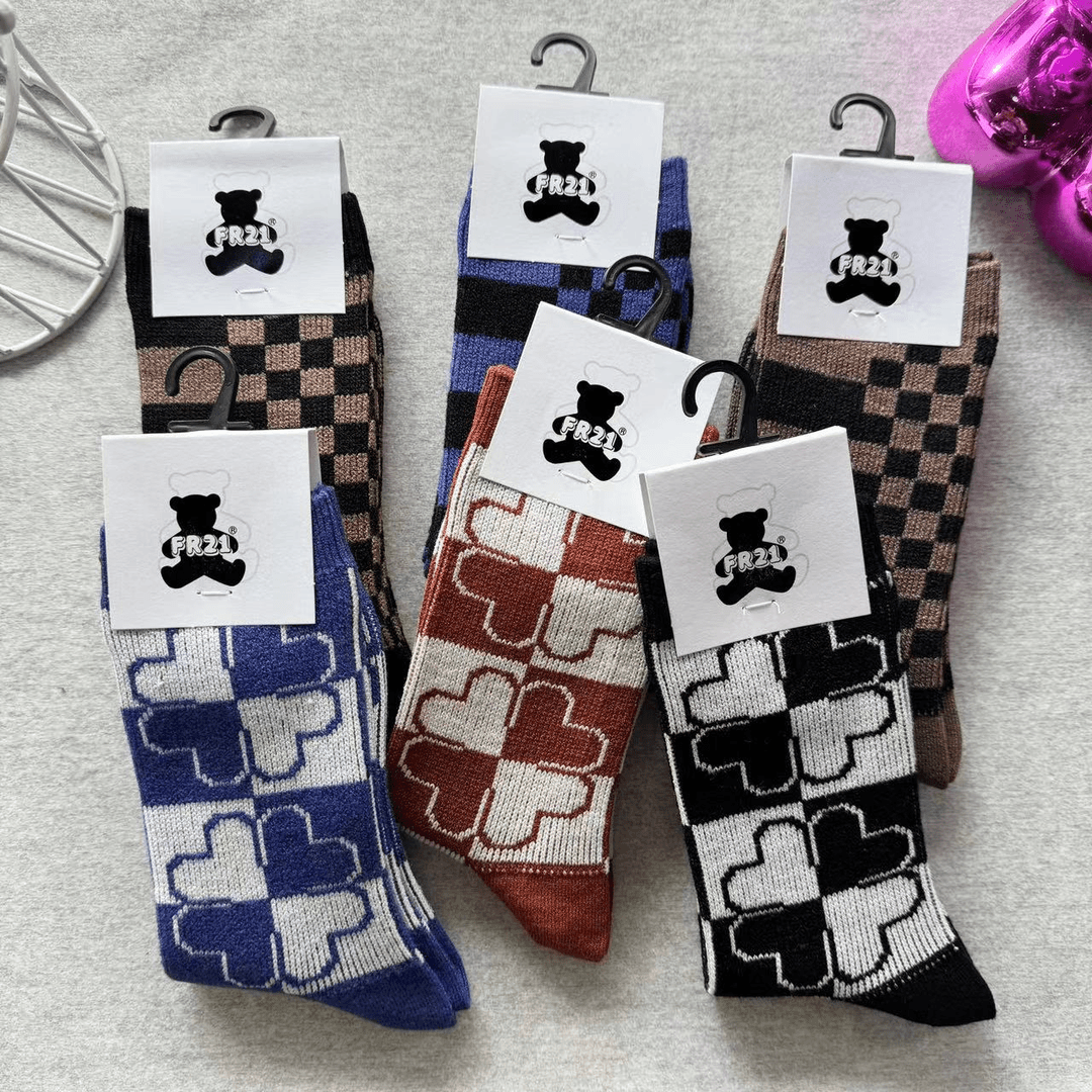 【3双6双 东大门羊毛女袜】冬季中筒加厚保暖高腰棋盘格高品质女袜