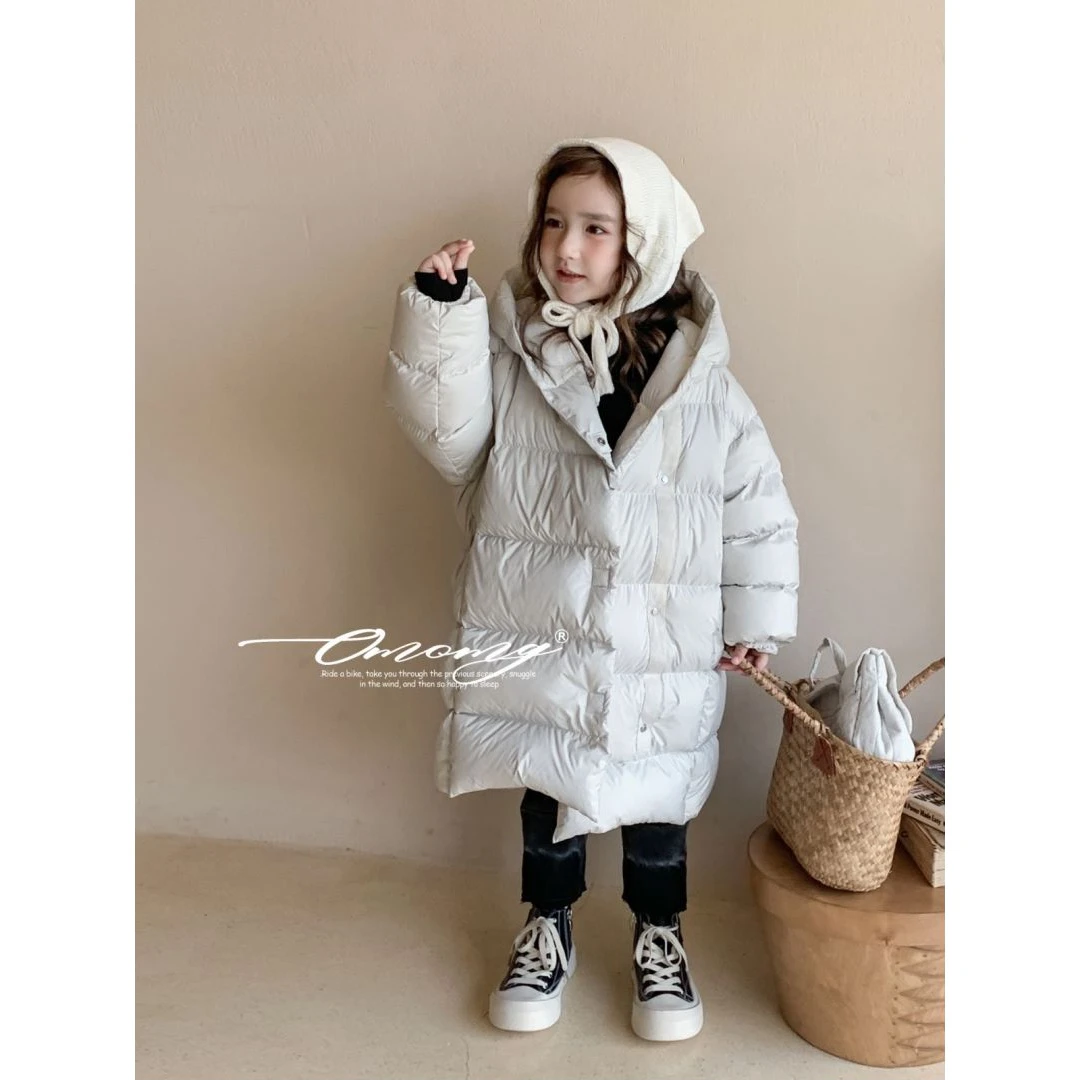 OMOMG女童加长羽绒服淡青色深冬百搭高定儿童中长羽绒服MGW5041