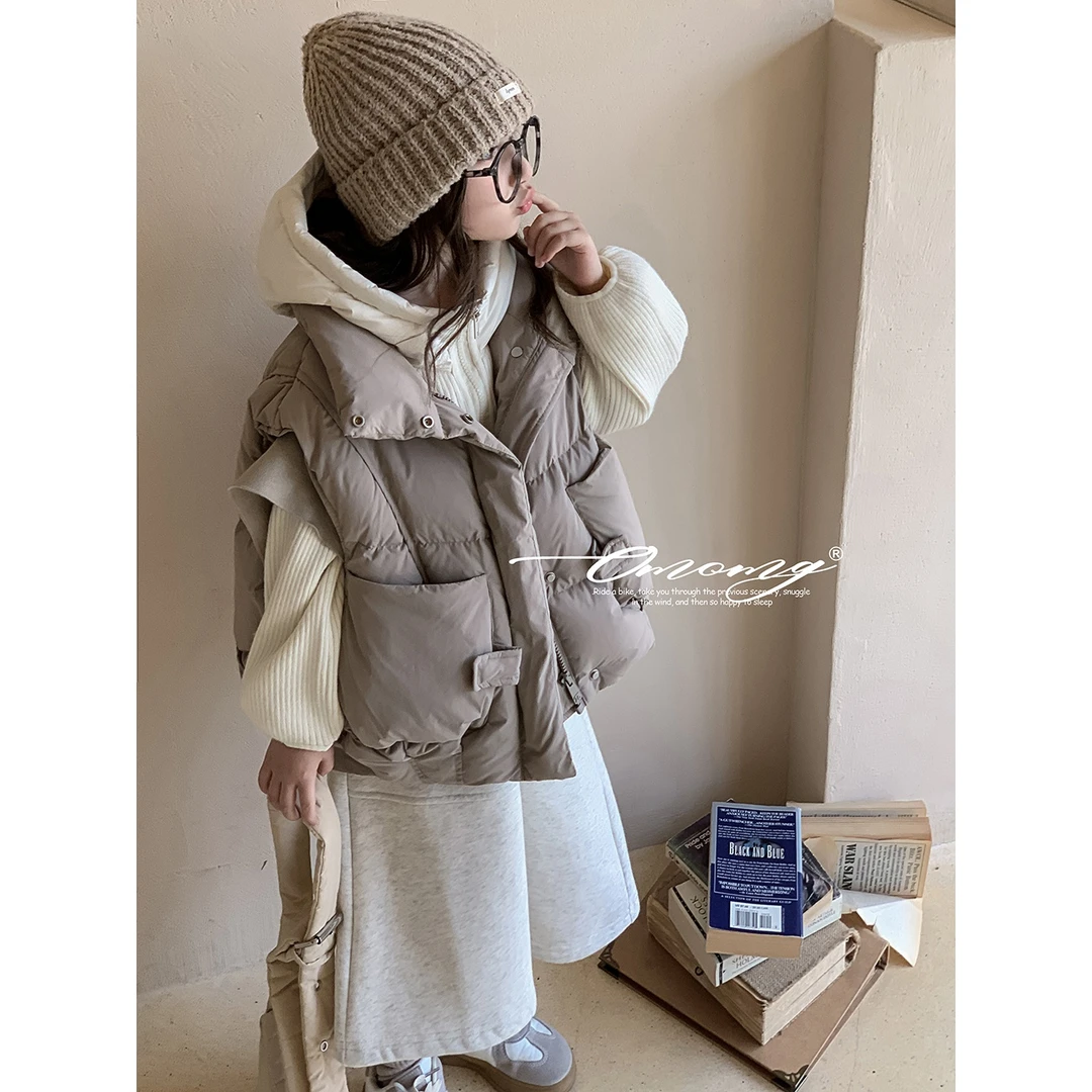 OMOMG女童毛衣冬季保暖短款杏色洋气百搭设计款连帽毛衣MGM5012