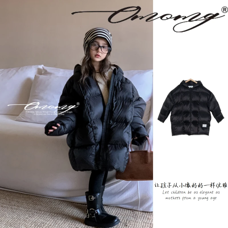 OMOMG女童中长款羽绒服优雅宽松时尚气质保暖连帽百搭加厚G4D006