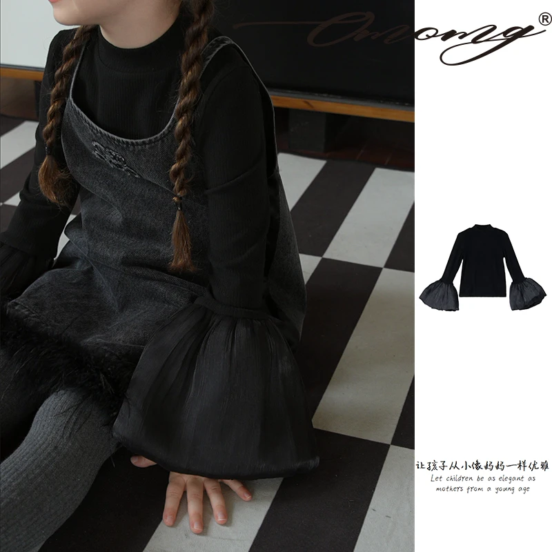 OMOMG女童黑色打底衫洋气时尚宽松百搭优雅韩版设计师轻奢G4Q079