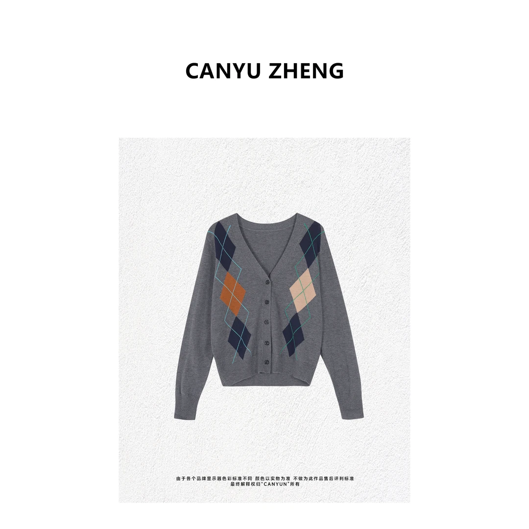 CANYU秋冬精选 菱形格V领毛衣开衫