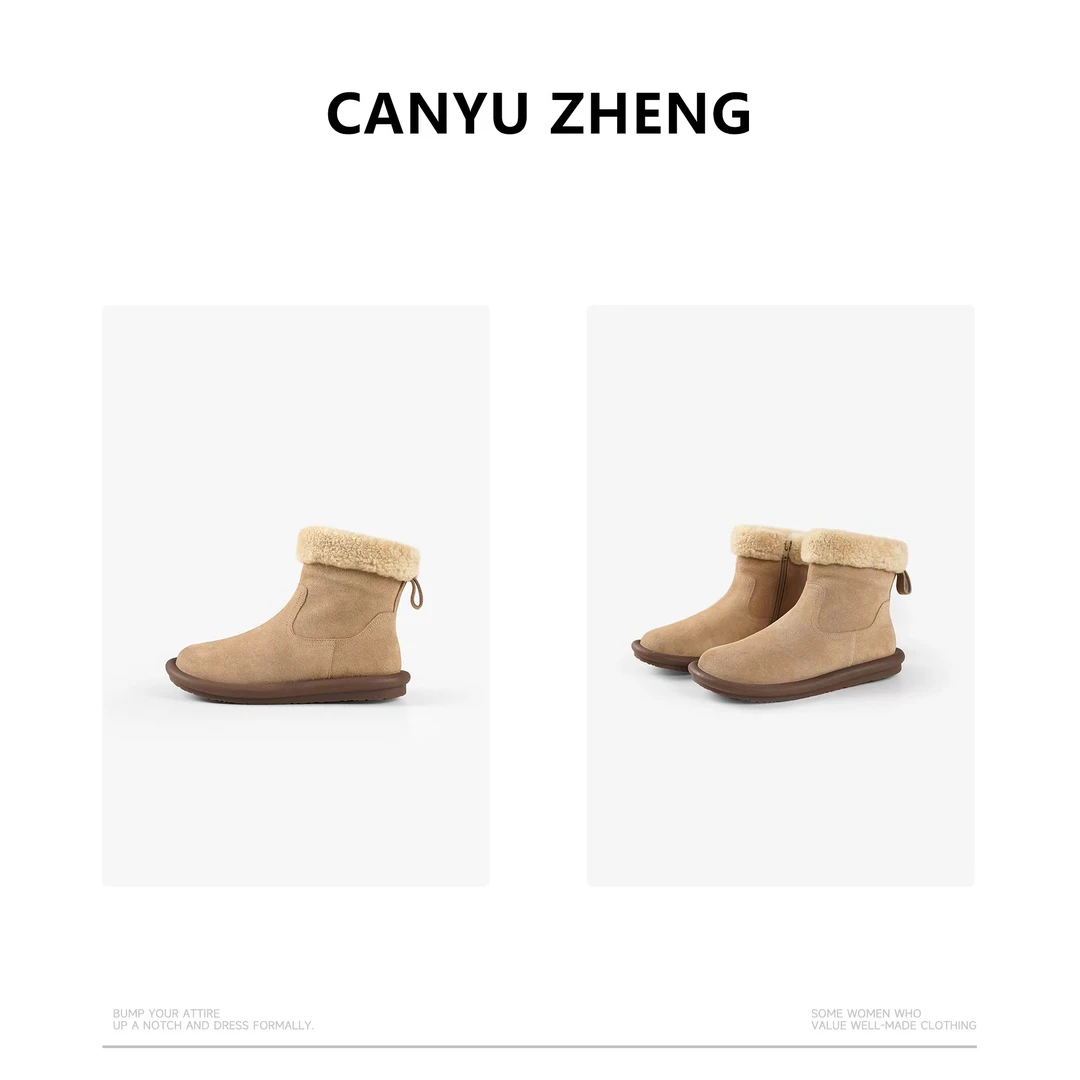 【CANYU ZHENG】手工制做 复古圆头侧拉链中筒靴 冬季雪地靴