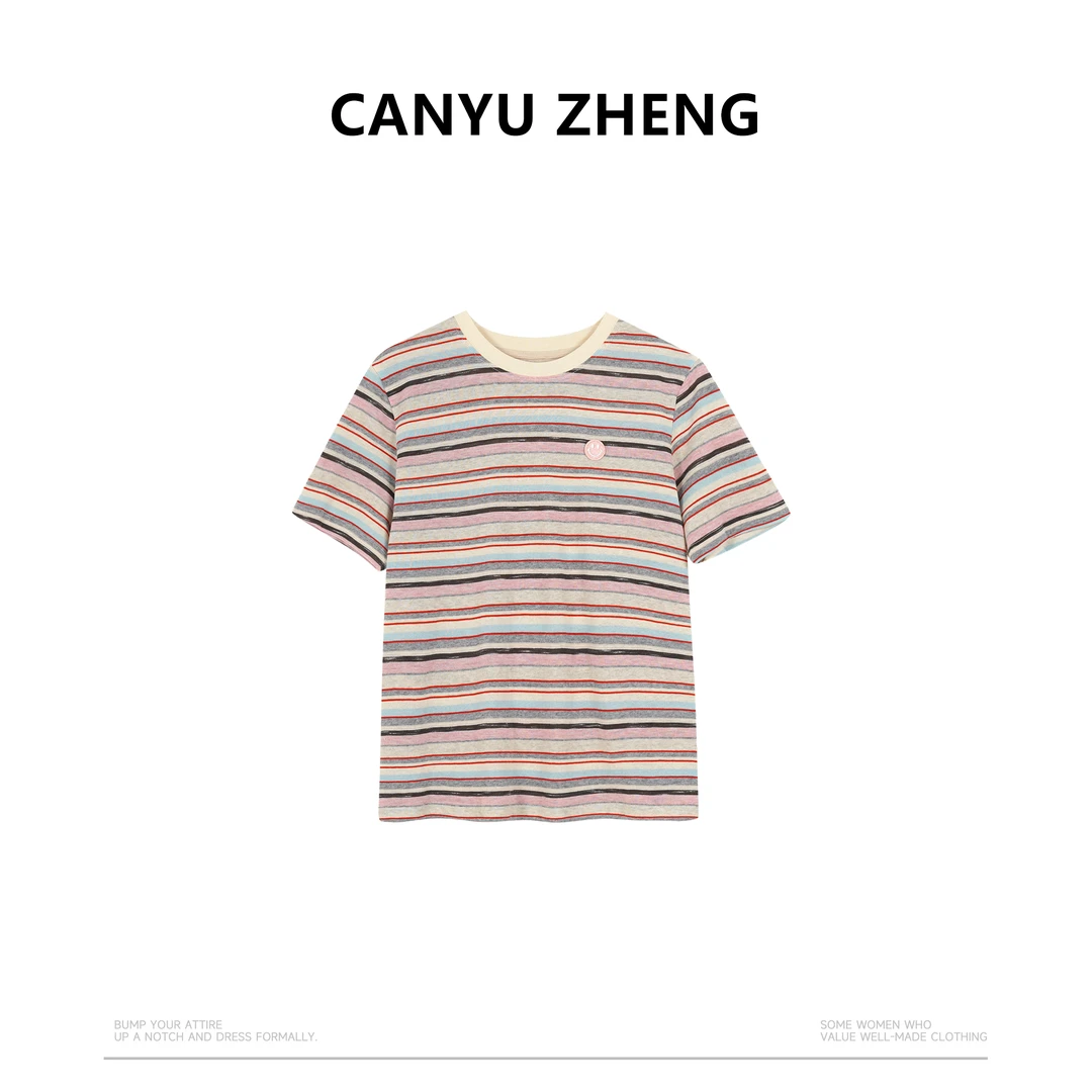 小胡哥&CANYU ZHENG “彩虹糖”彩色条纹刺绣笑脸休闲百搭圆领T恤