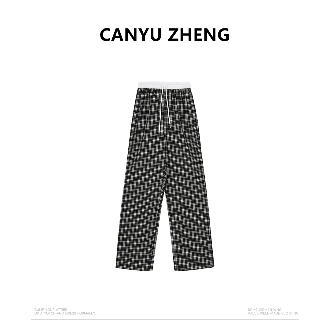 小胡哥&CANYU ZHENG 亚麻+苎麻松紧腰 格子直筒休闲裤