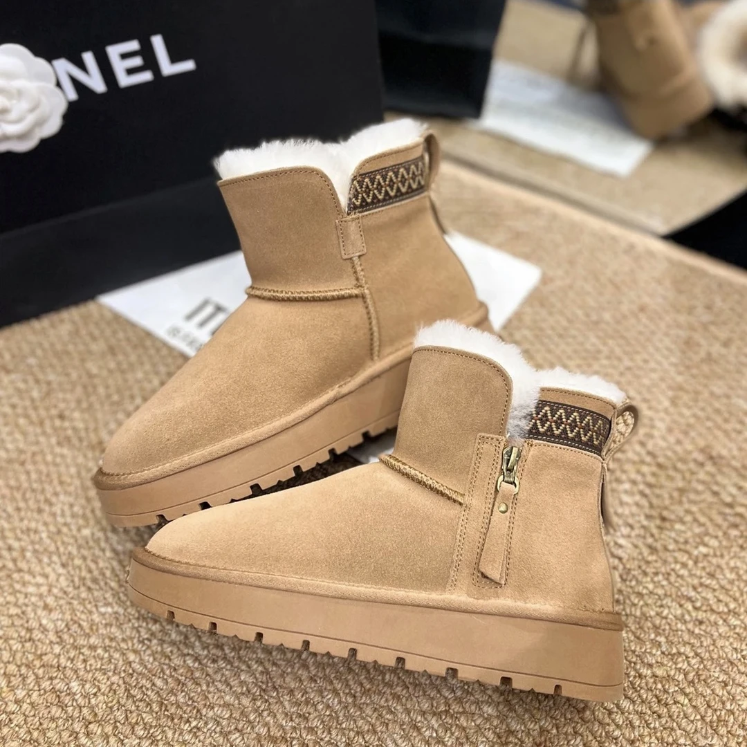 冬季新款小香风加厚纯牛皮羊毛厚底防滑雪地靴女款侧拉链百搭保暖