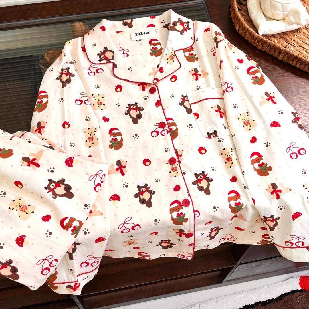 MILORD【厨师小熊】时尚女士长袖长裤开衫纯棉磨毛睡衣家居休闲秋冬