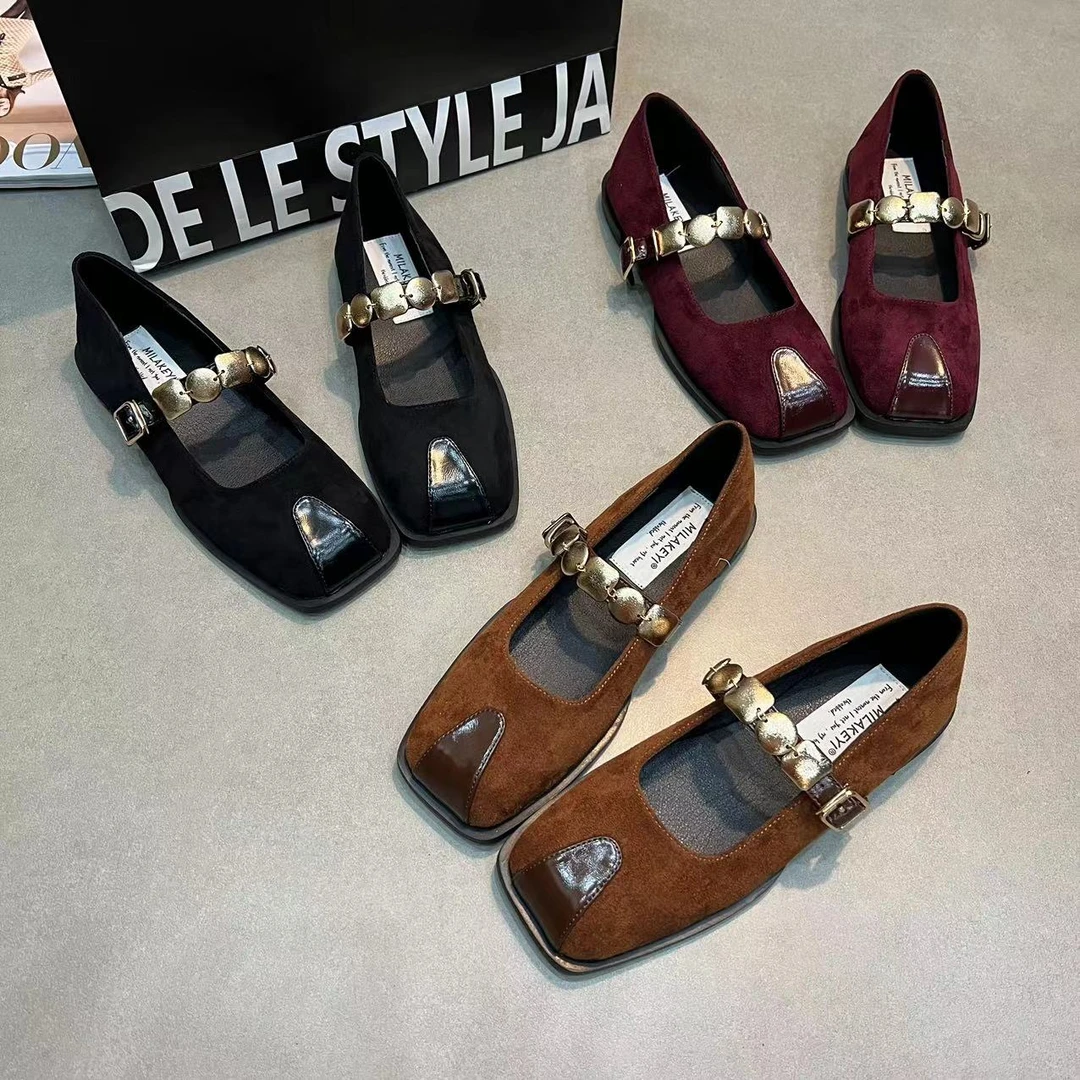 2024年秋季新款轻奢晚风带时髦方头全包低跟卡扣气质百搭软底单鞋