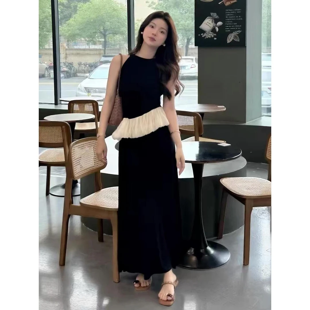 黑白法式挂脖套装夏名媛优雅假两件无袖上衣+半身裙高级感两件套