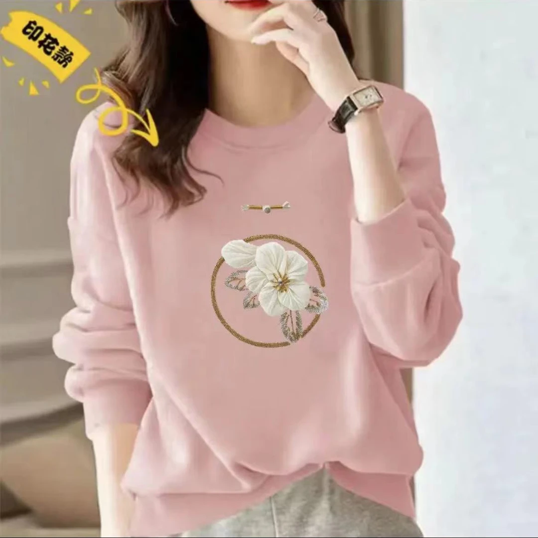 2024早秋新款女士花朵流行卫衣长袖时尚休闲印花圆领百搭洋气春秋