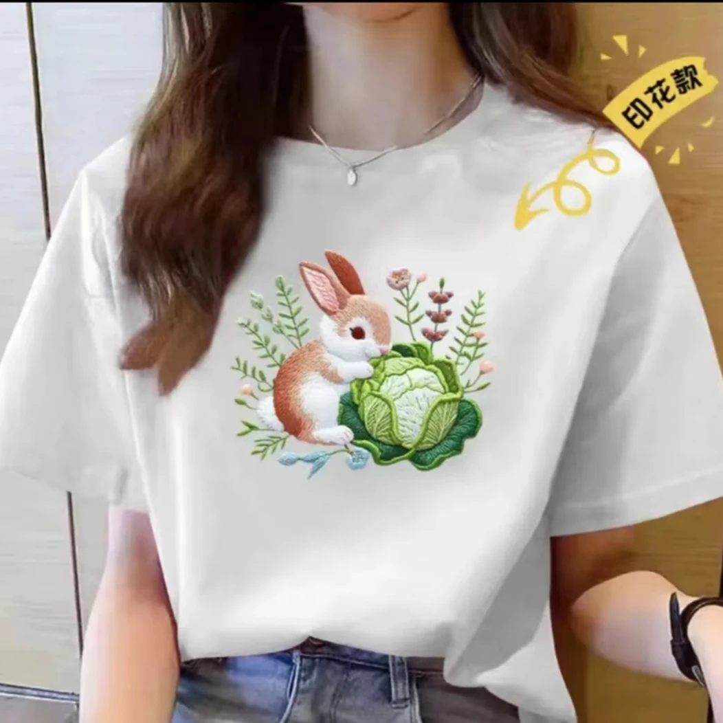 2024女装纯棉短袖青春高考毕业季时尚休闲百搭夏季宽松兔子白菜