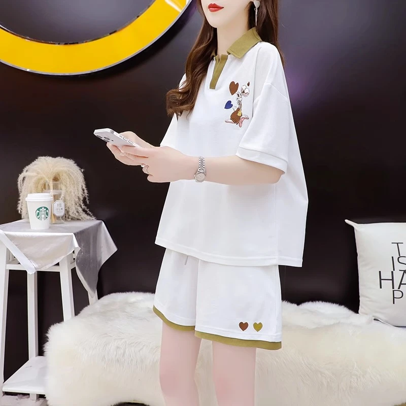 Polo领短袖短裤套装女两件套夏季2025新款洋气网红百搭刺绣上衣女