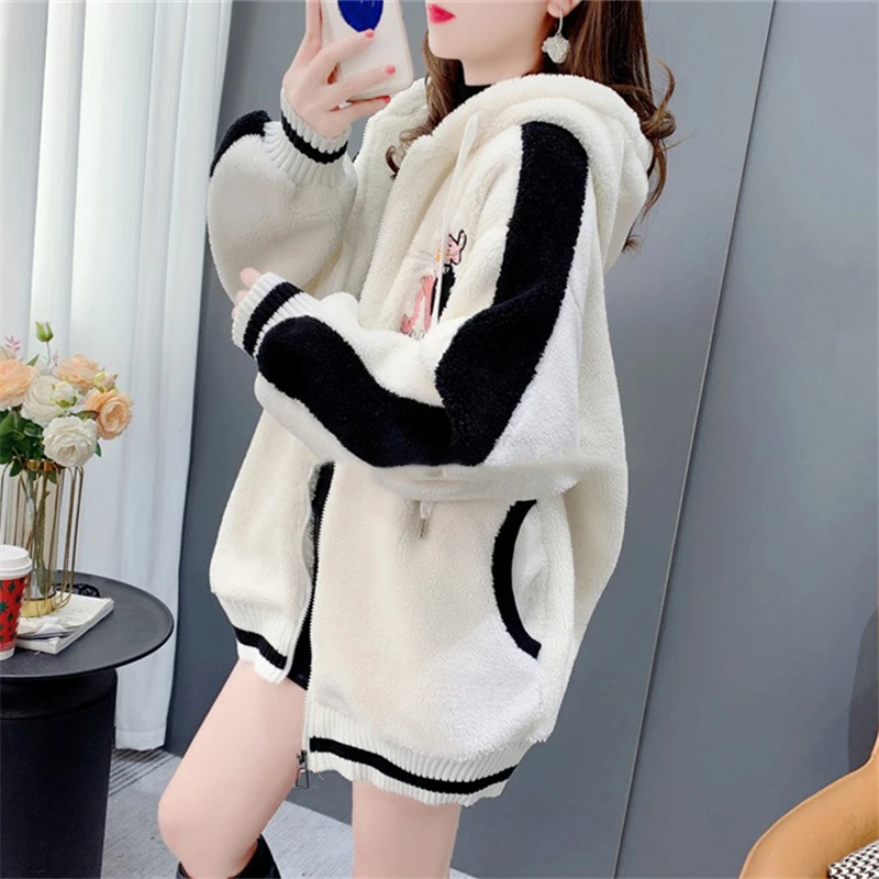 加绒加厚羊羔绒外套女秋冬季2025新款连帽卫衣开衫宽松慵懒风上衣